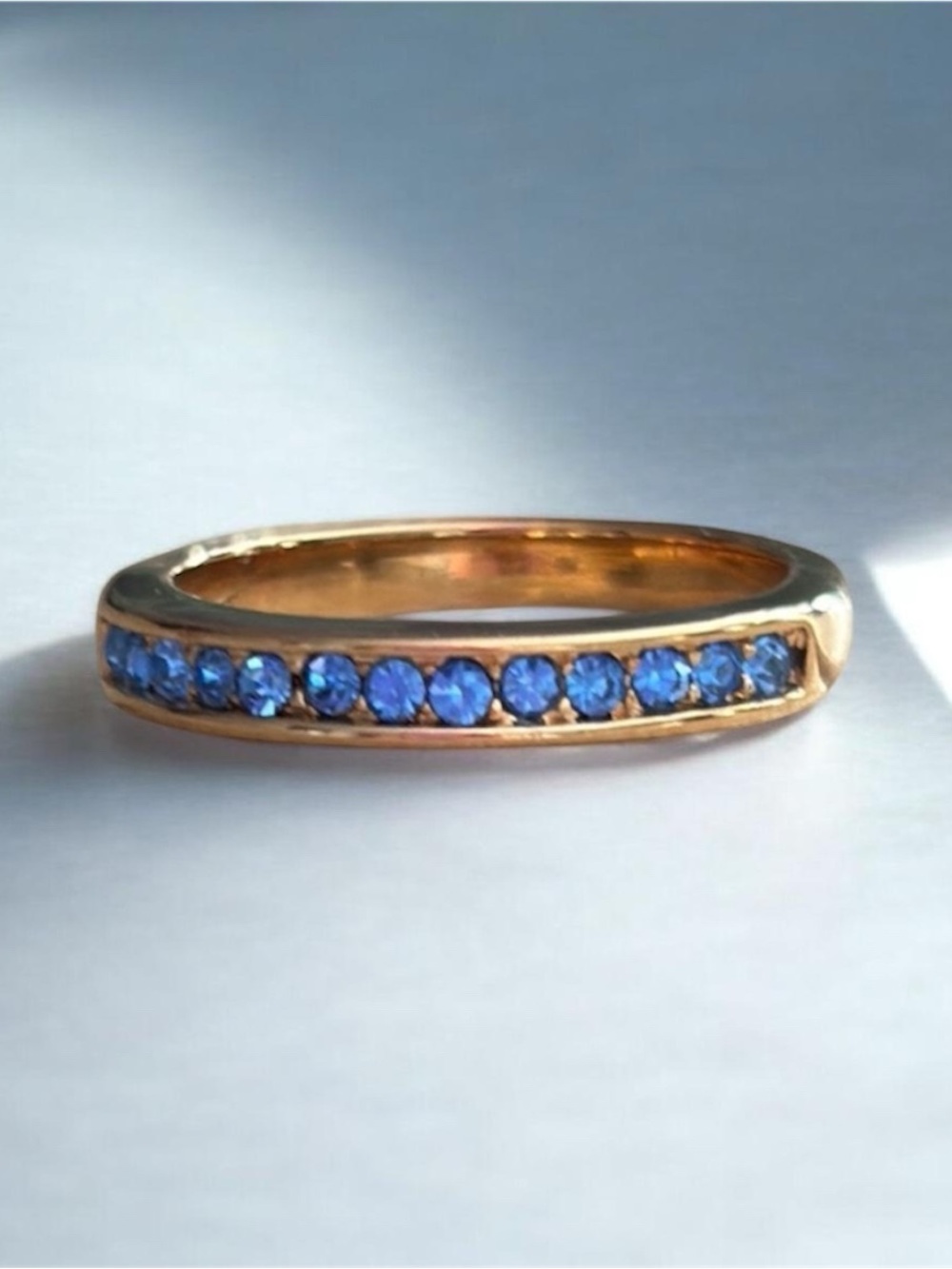 Vintage Avon Sapphire Blue Crystal Gold Channel Band Ring NIB SIZE 6